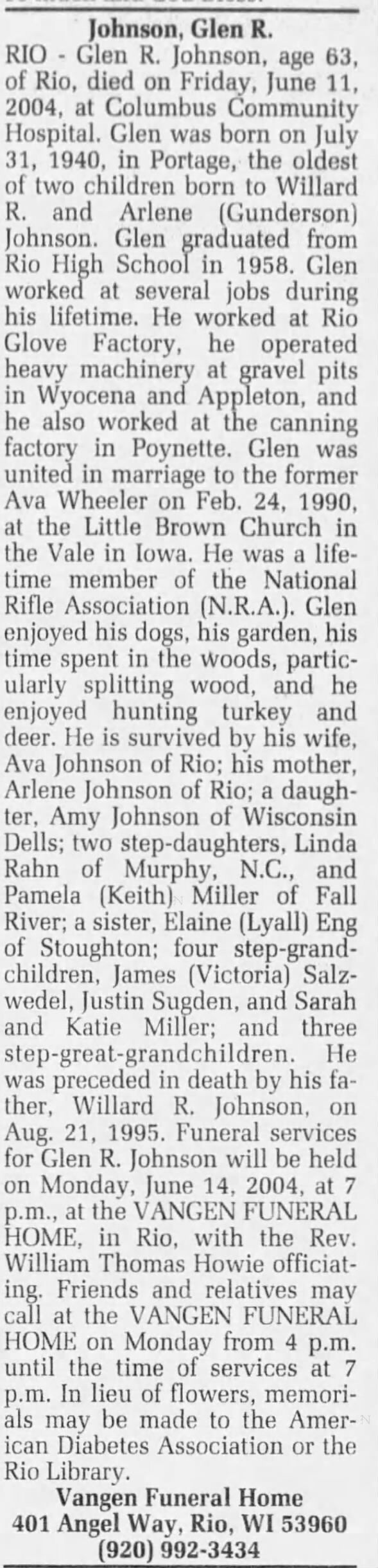 Obituary for Glen R. Johnson, 1940-2004 (Aged 63)